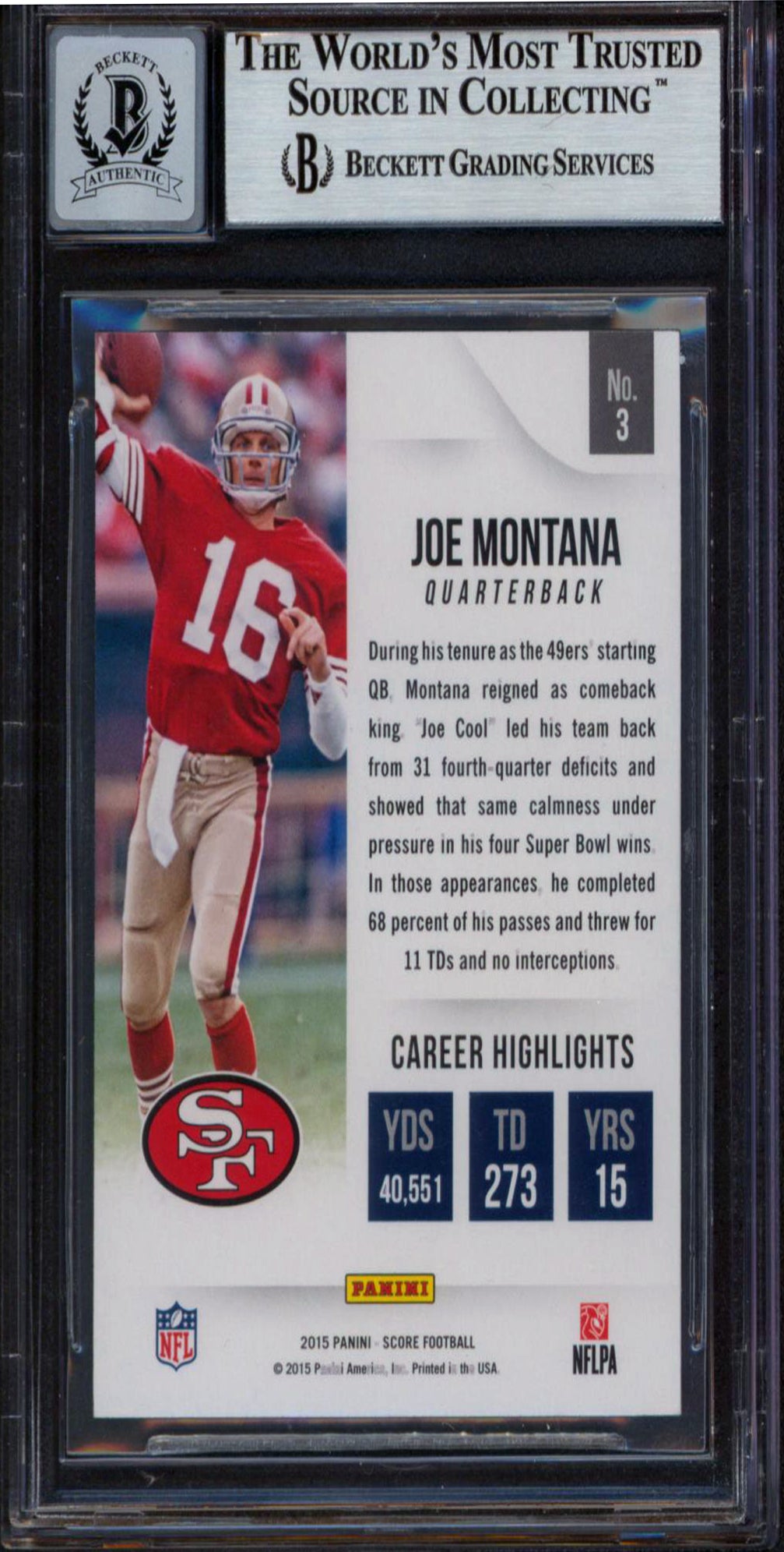 49ers Joe Montana Signed 2015 Score All Franchise Green#3 Card Auto 10! BAS Slab
