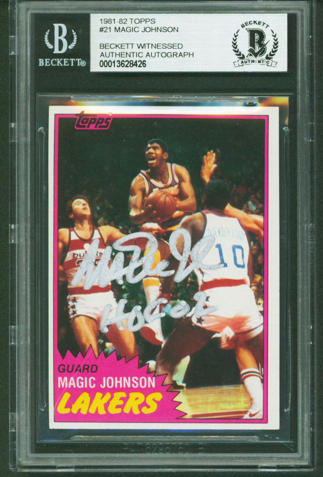 Lakers Magic Johnson "HOF 02" Authentic Signed 1981 Topps #21 Card BAS Slabbed 3