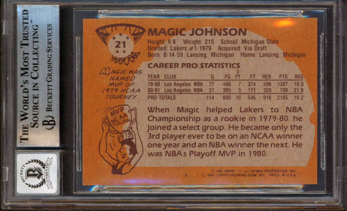 Magic Johnson "HOF 02" Signed 1981 Topps #21 Card Auto 10! BAS Slab #13630876