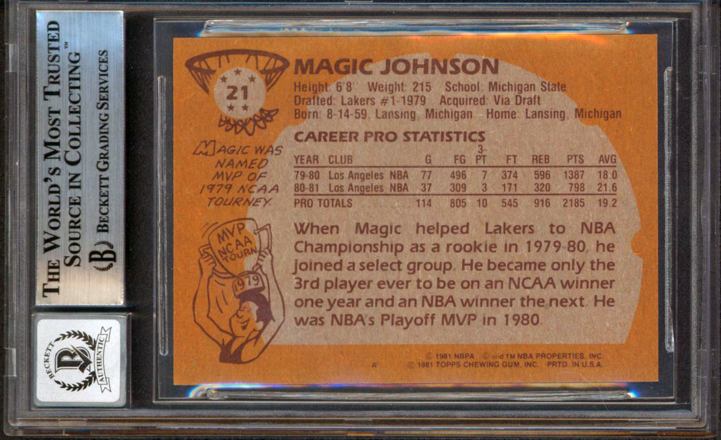 Magic Johnson "HOF 02" Signed 1981 Topps #21 Card Auto 10! BAS Slab #13630880