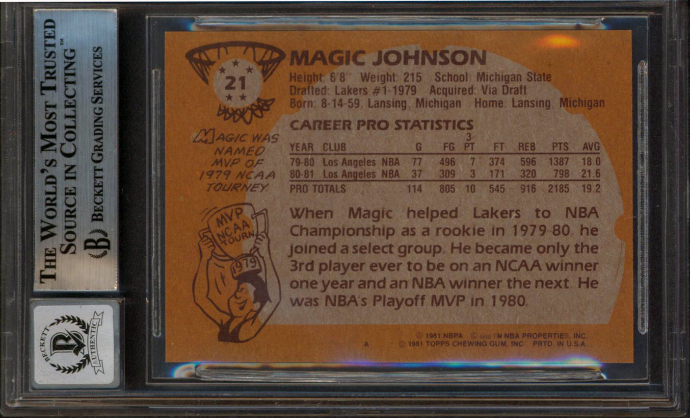 Lakers Magic Johnson Signed 1981 Topps #21 Card Auto 10! BAS Slabbed #13630871