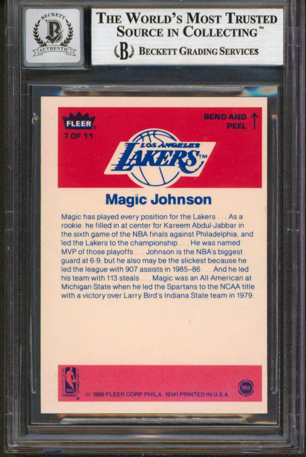 Lakers Magic Johnson Signed 1986 Fleer Stickers #7 Card Auto 10! BAS Slabbed
