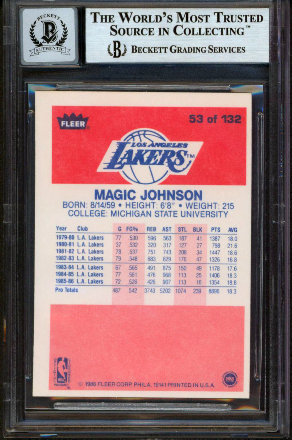Lakers Magic Johnson Authentic Signed 1986 Fleer #53 Card Auto 10! BAS Slabbed