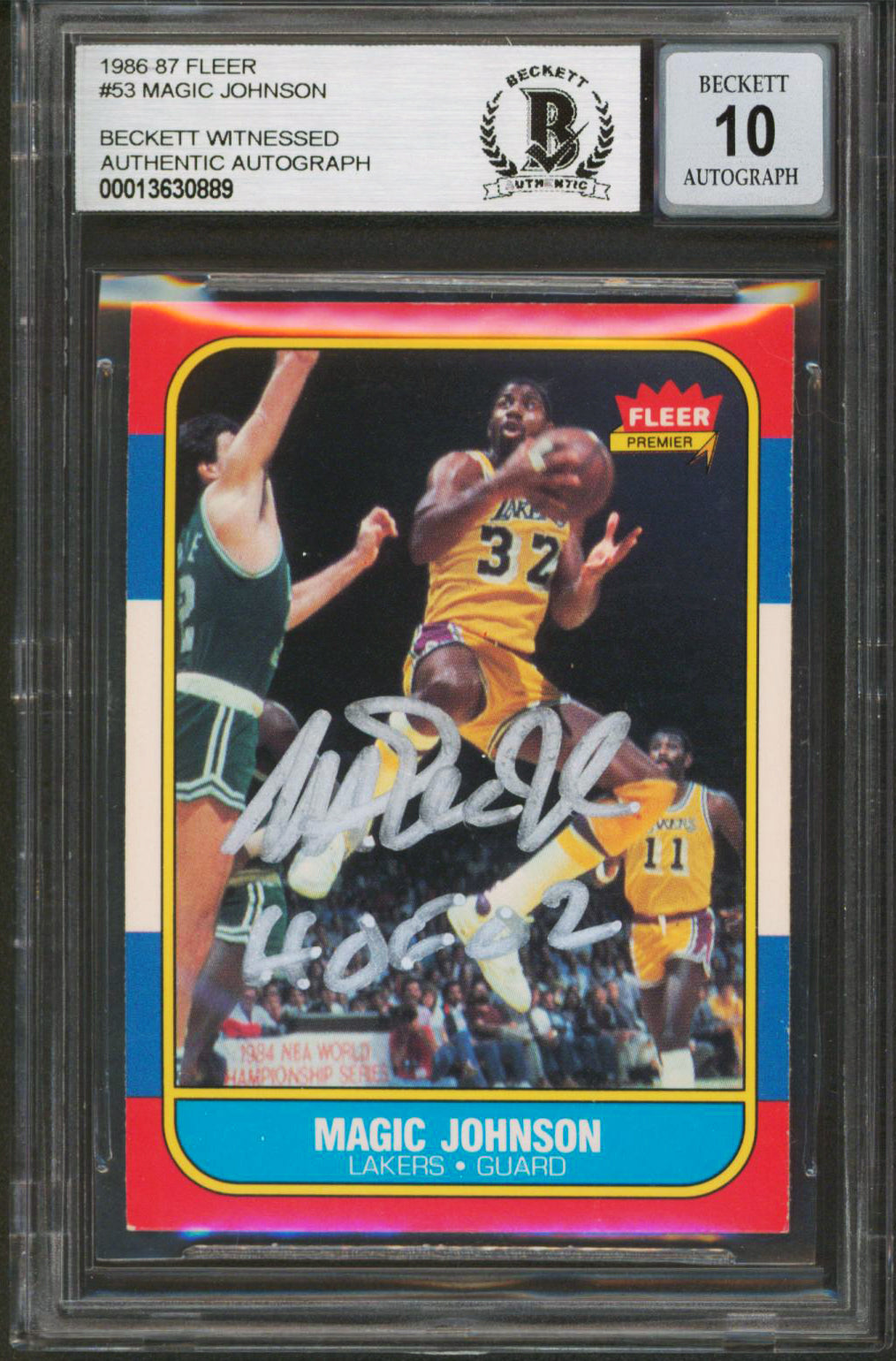Lakers Magic Johnson "HOF 02" Signed 1986 Fleer #53 Card Auto 10! BAS Slabbed
