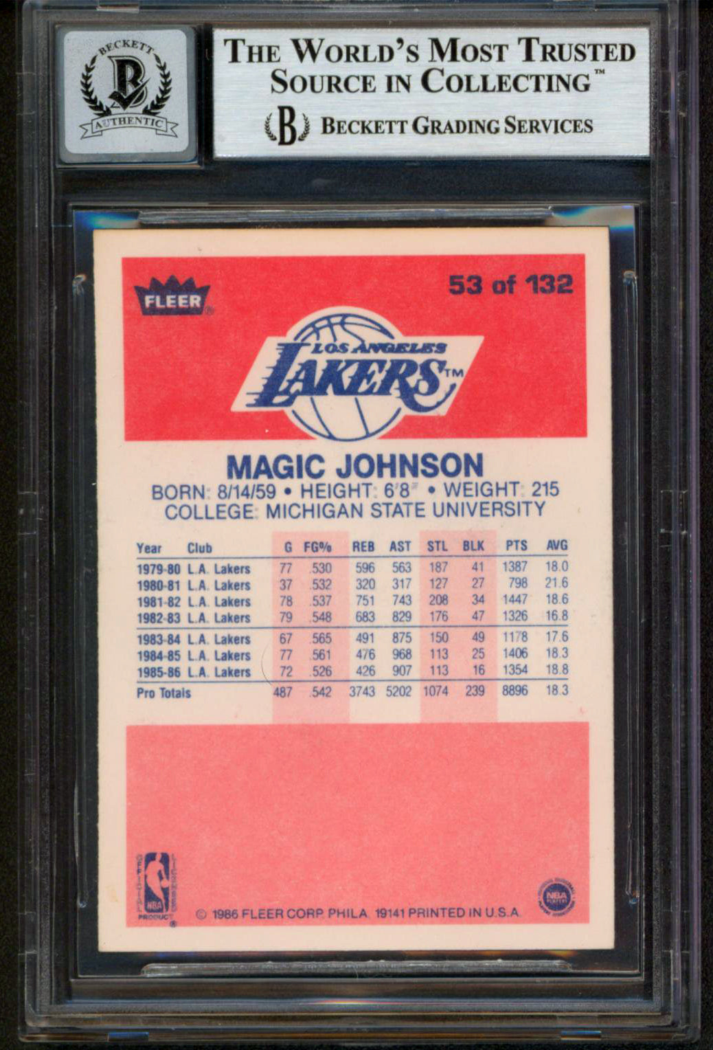 Lakers Magic Johnson "HOF 02" Signed 1986 Fleer #53 Card Auto 10! BAS Slabbed