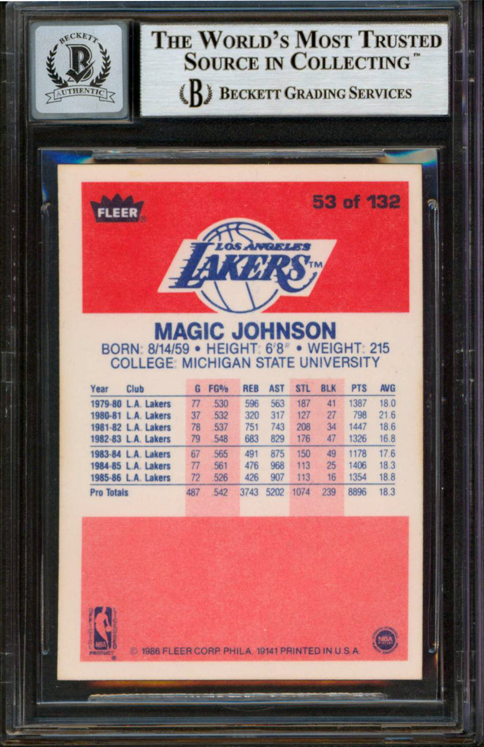 Lakers Magic Johnson Signed 1986 Fleer #53 Card Auto Graded Mint 10! BAS Slabbed