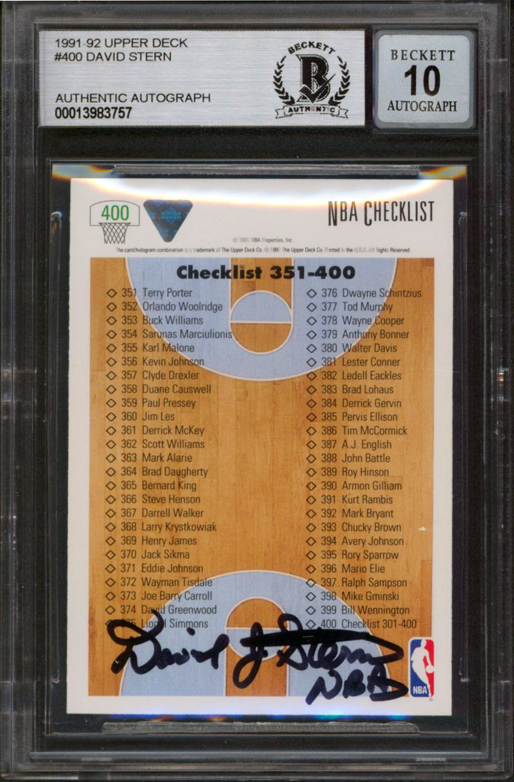David Stern Signed 1991 Upper Deck #400 Card Auto Graded Mint 10! BAS Slabbed