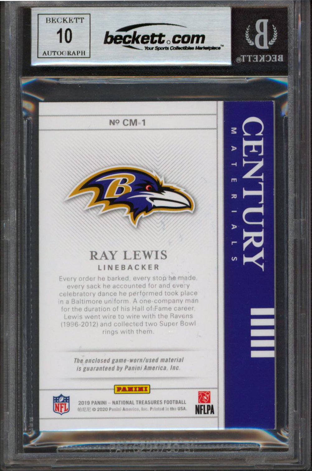 Ray Lewis Signed 2019 National Treasures Silver #1 5/25 Card Auto 10! BAS Slab