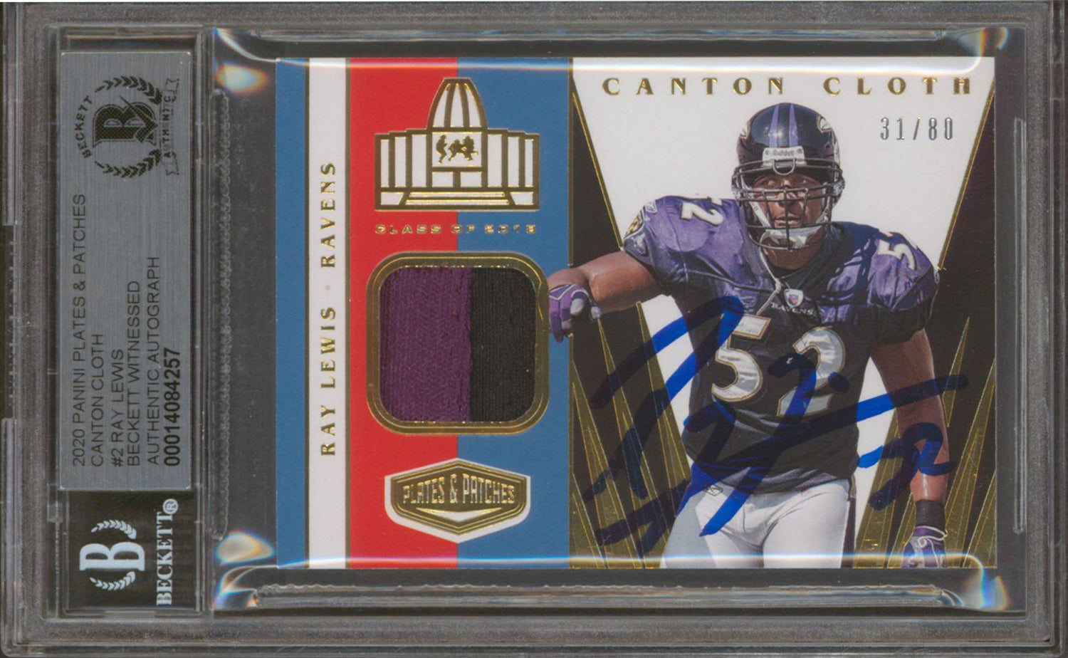 Ravens Ray Lewis Signed 2020 Panini P&P CC #2 31/80 Card Auto Gem 10! BAS Slab