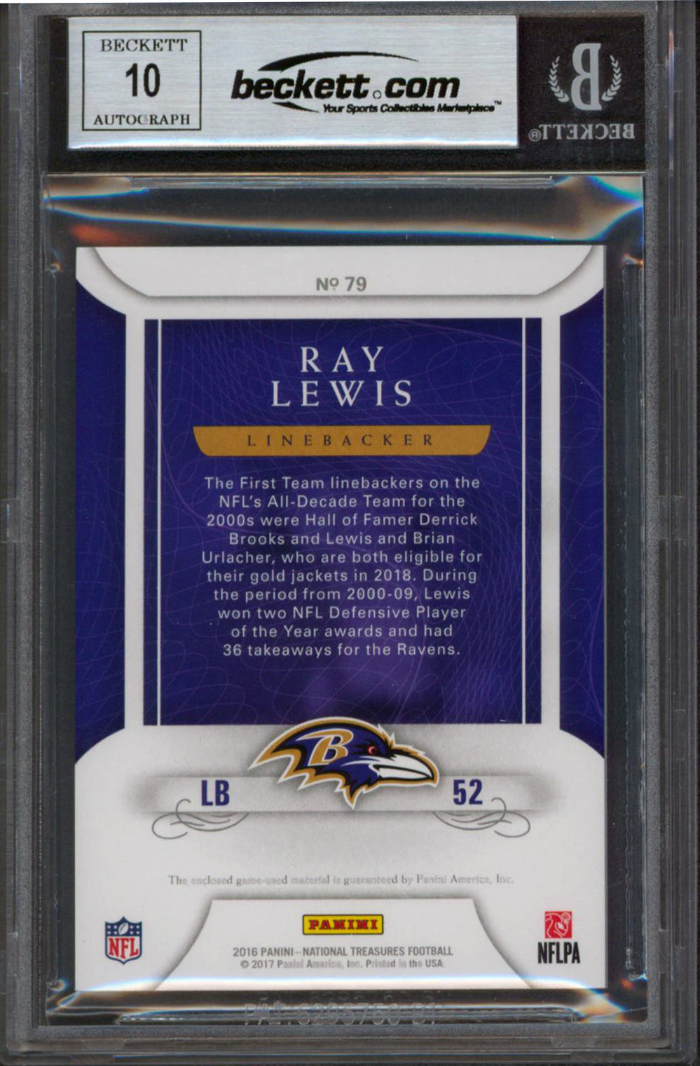 Ray Lewis Signed 2016 National Treasures CM #79 #24/49 Card Auto 10! BAS Slabbed