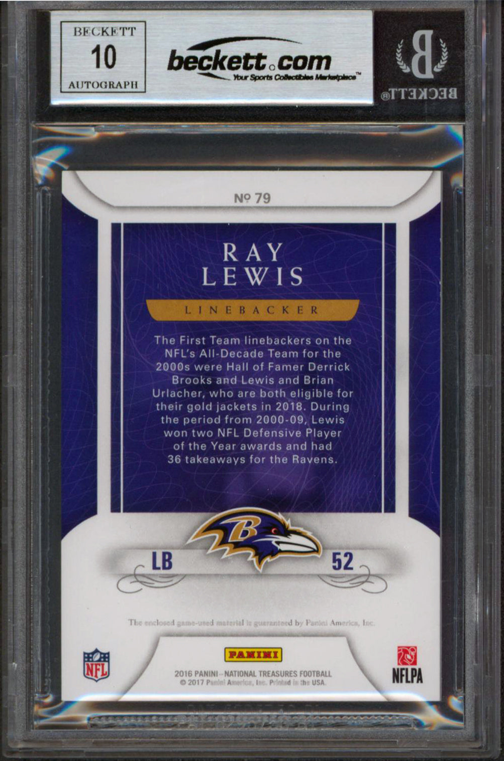 Ray Lewis Signed 2016 National Treasures CM #79 12/49 Card Auto 10! BAS Slabbed