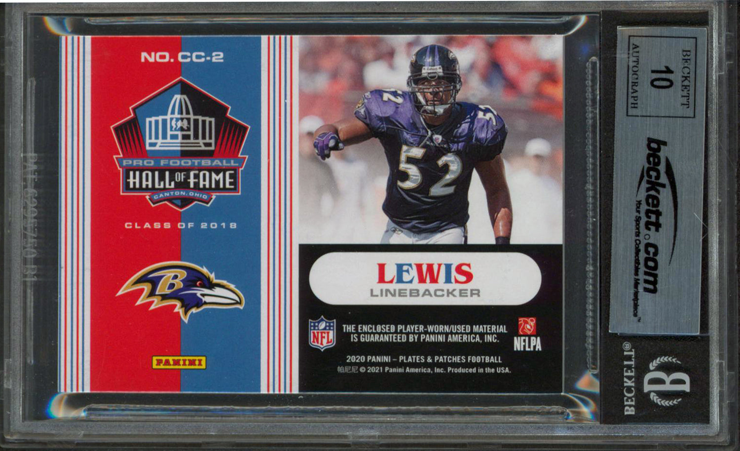 Ravens Ray Lewis Signed 2020 Panini P&P CC Blue #2 44/50 Card Auto 10! BAS Slab