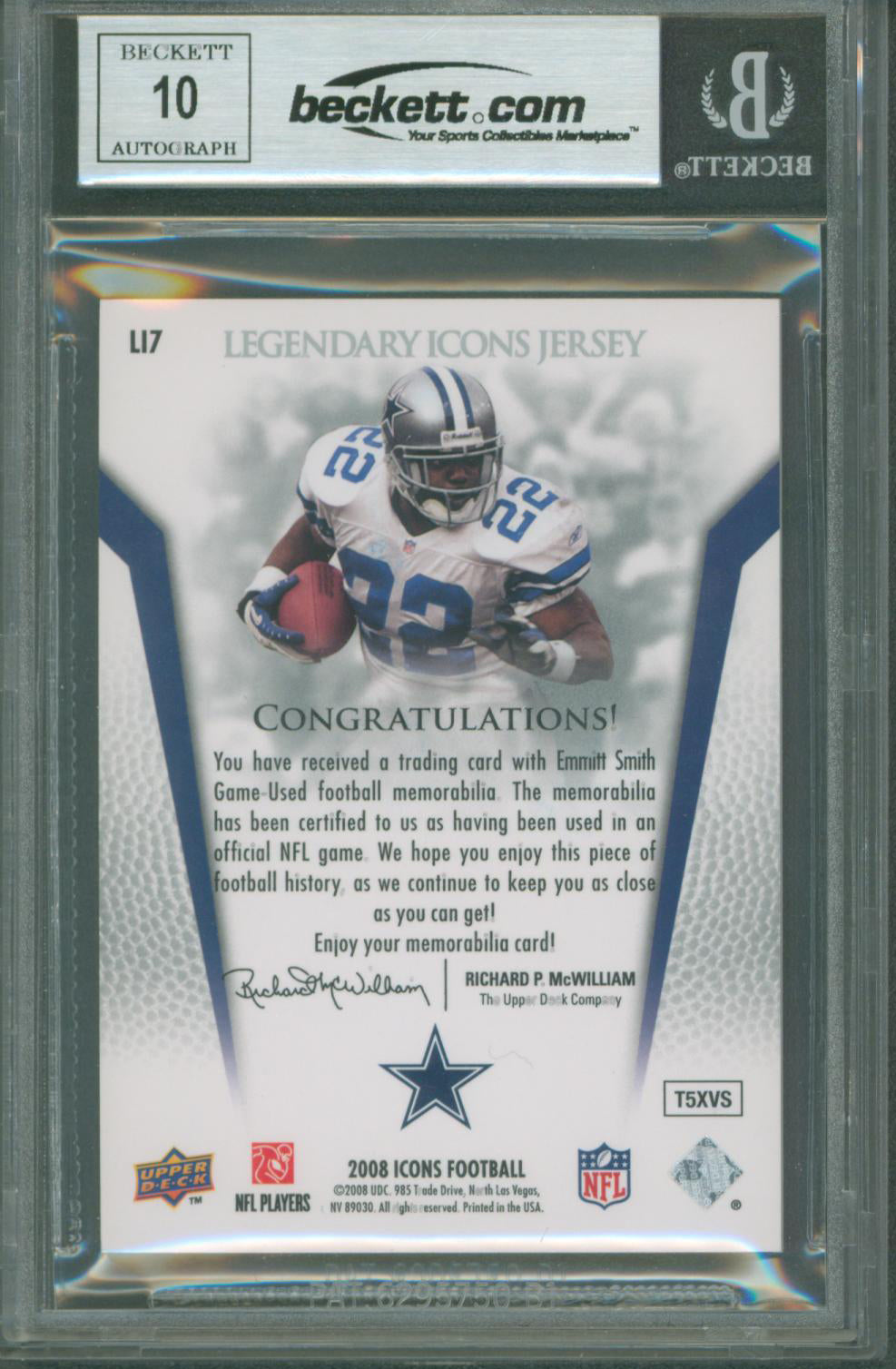 Cowboys Emmitt Smith Signed 2008 Upper Deck Icons #LI7 Card BAS Slabbed