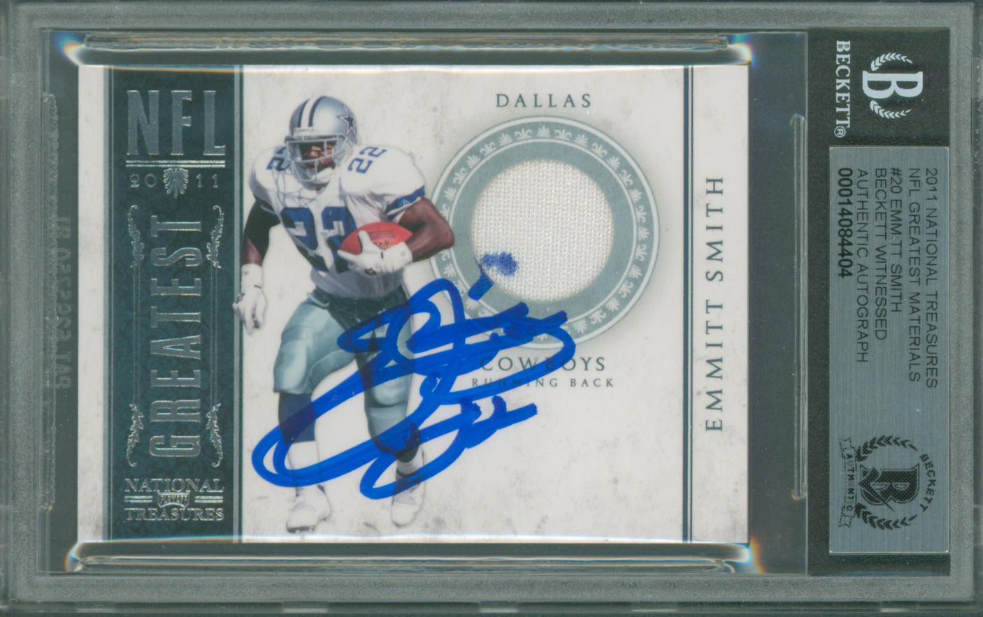 Cowboys Emmitt Smith Signed 2011 National Treasures NFL #20 Card BAS Slabbed