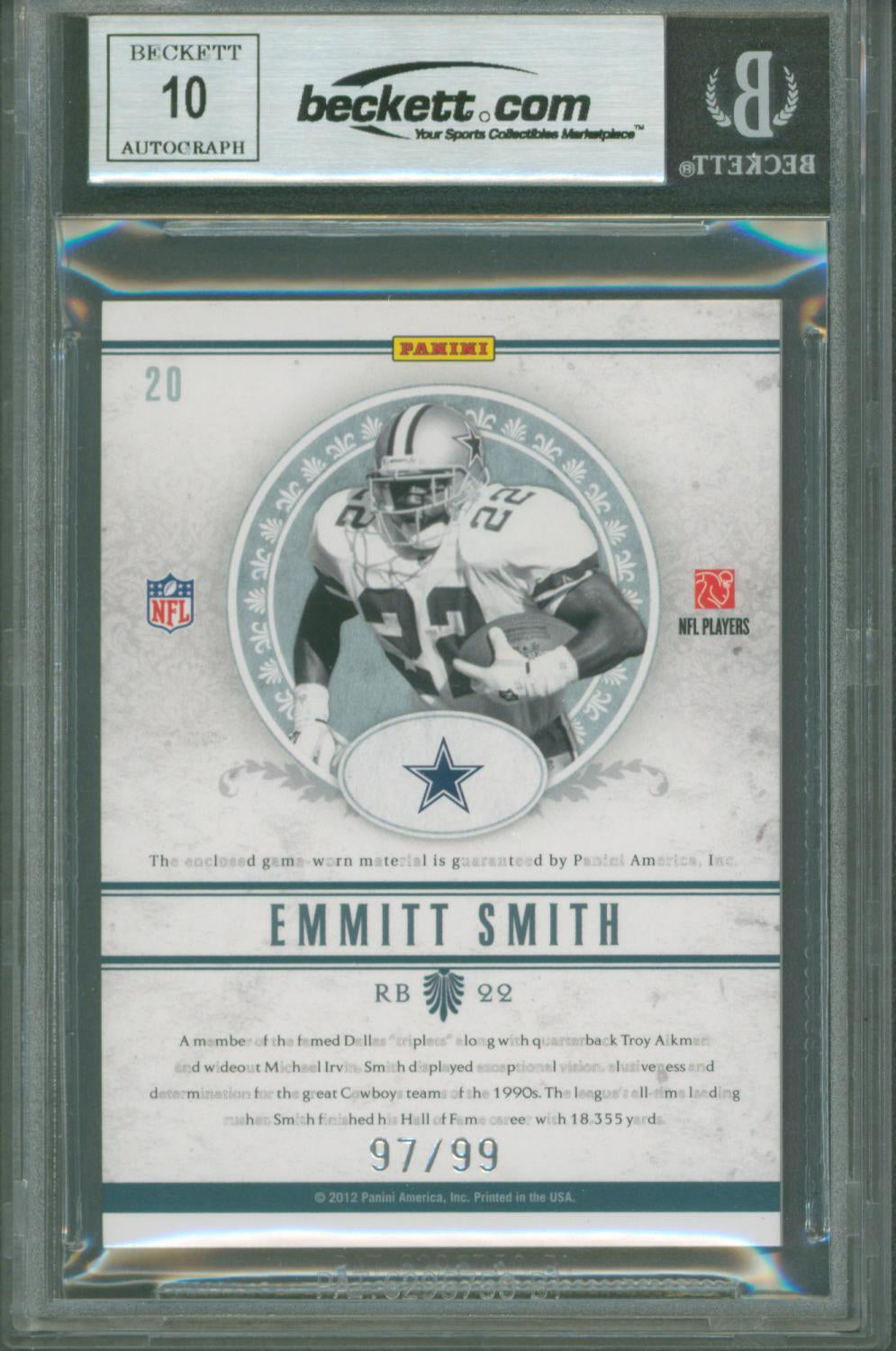 Cowboys Emmitt Smith Signed 2011 National Treasures NFL #20 Card BAS Slabbed