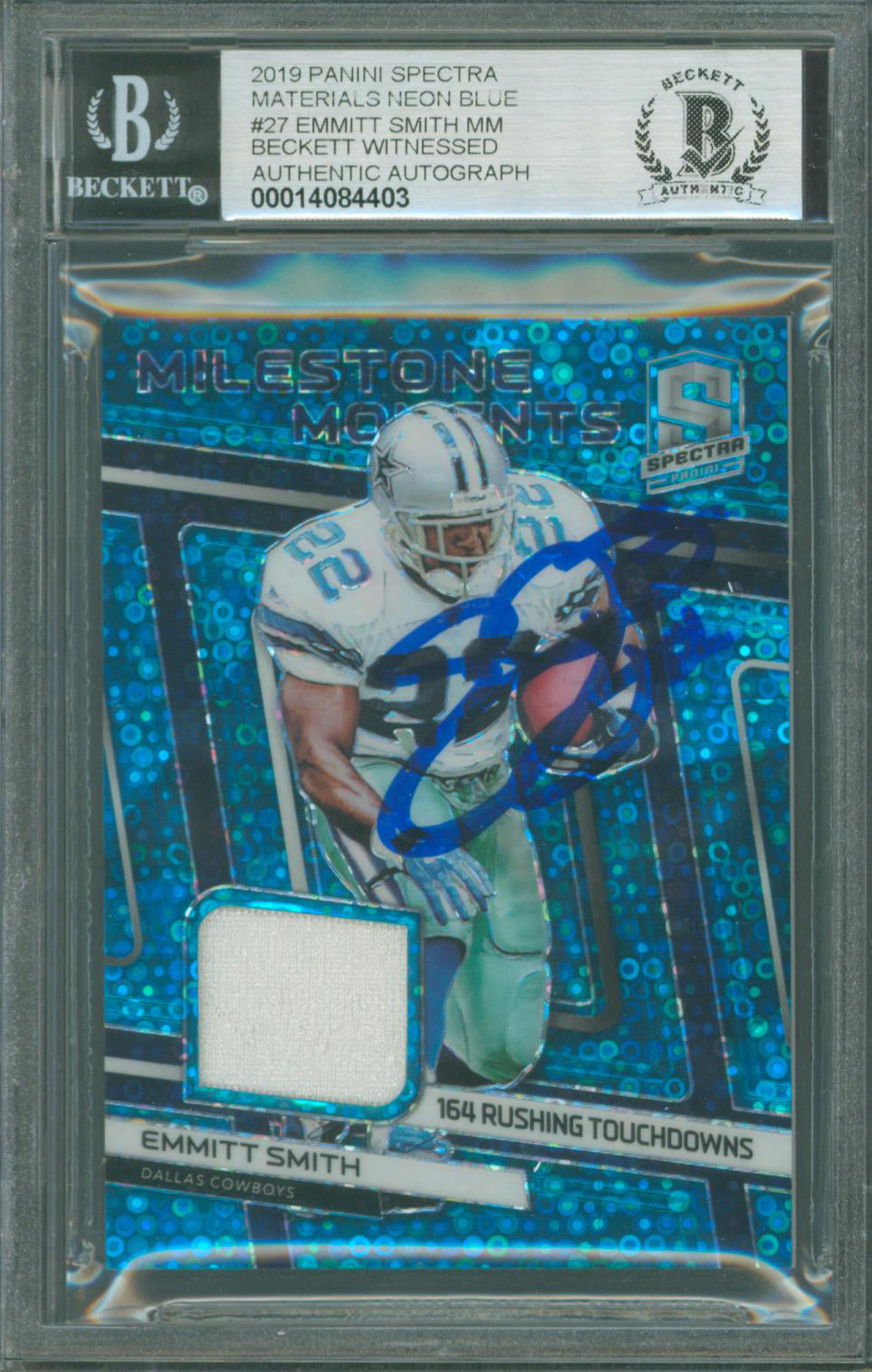 Cowboys Emmitt Smith Signed 2019 Panini Spectra Materials NB #27 Card BAS Slab