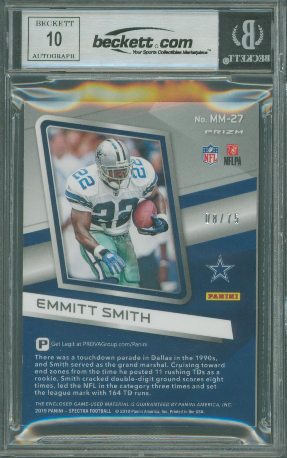 Cowboys Emmitt Smith Signed 2019 Panini Spectra Materials NB #27 Card BAS Slab