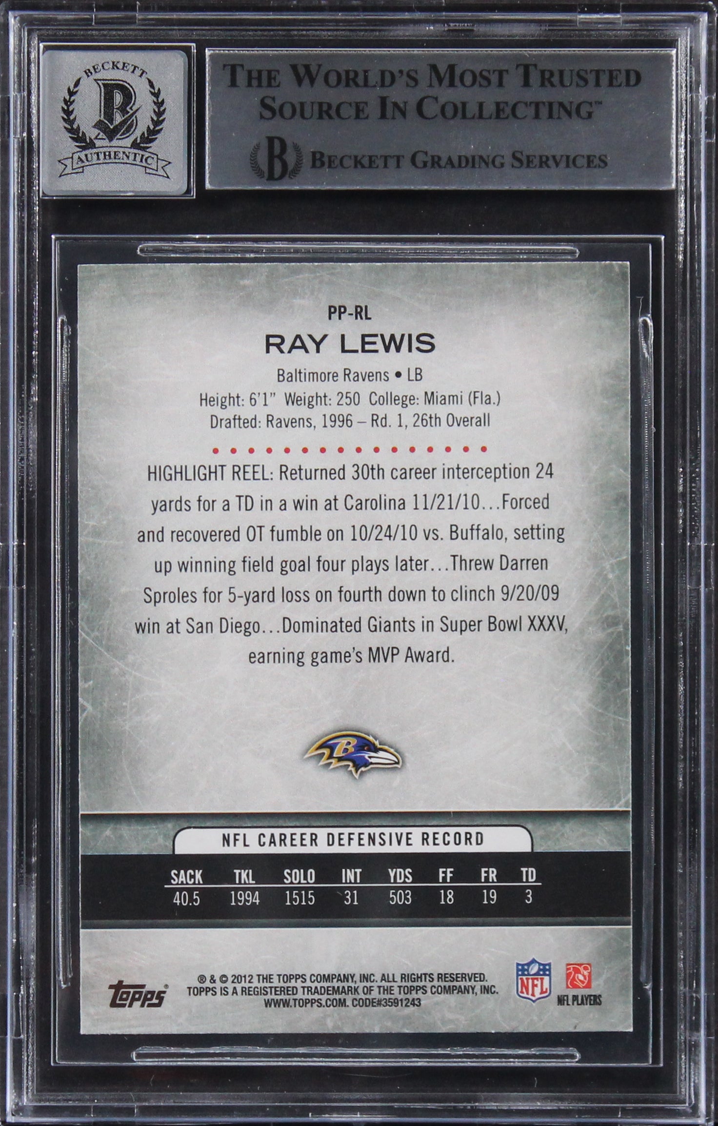 Ray Lewis Signed 2012 Topps Prolific Playmakers #PPRL Card Auto 10! BAS Slabbed