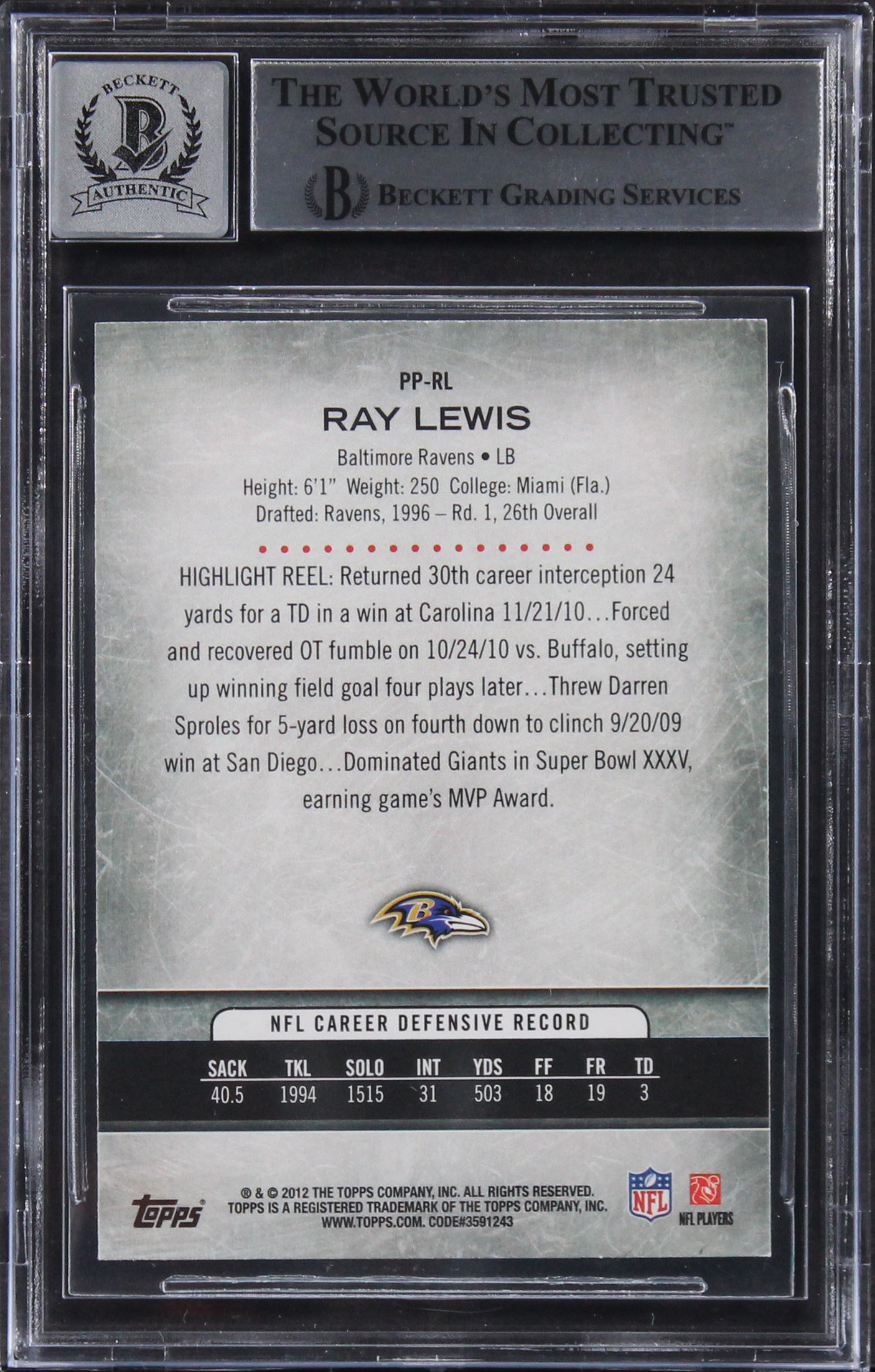 Ray Lewis Signed 2012 Topps Prolific Playmakers #PPRL Card Auto 10! BAS Slabbed
