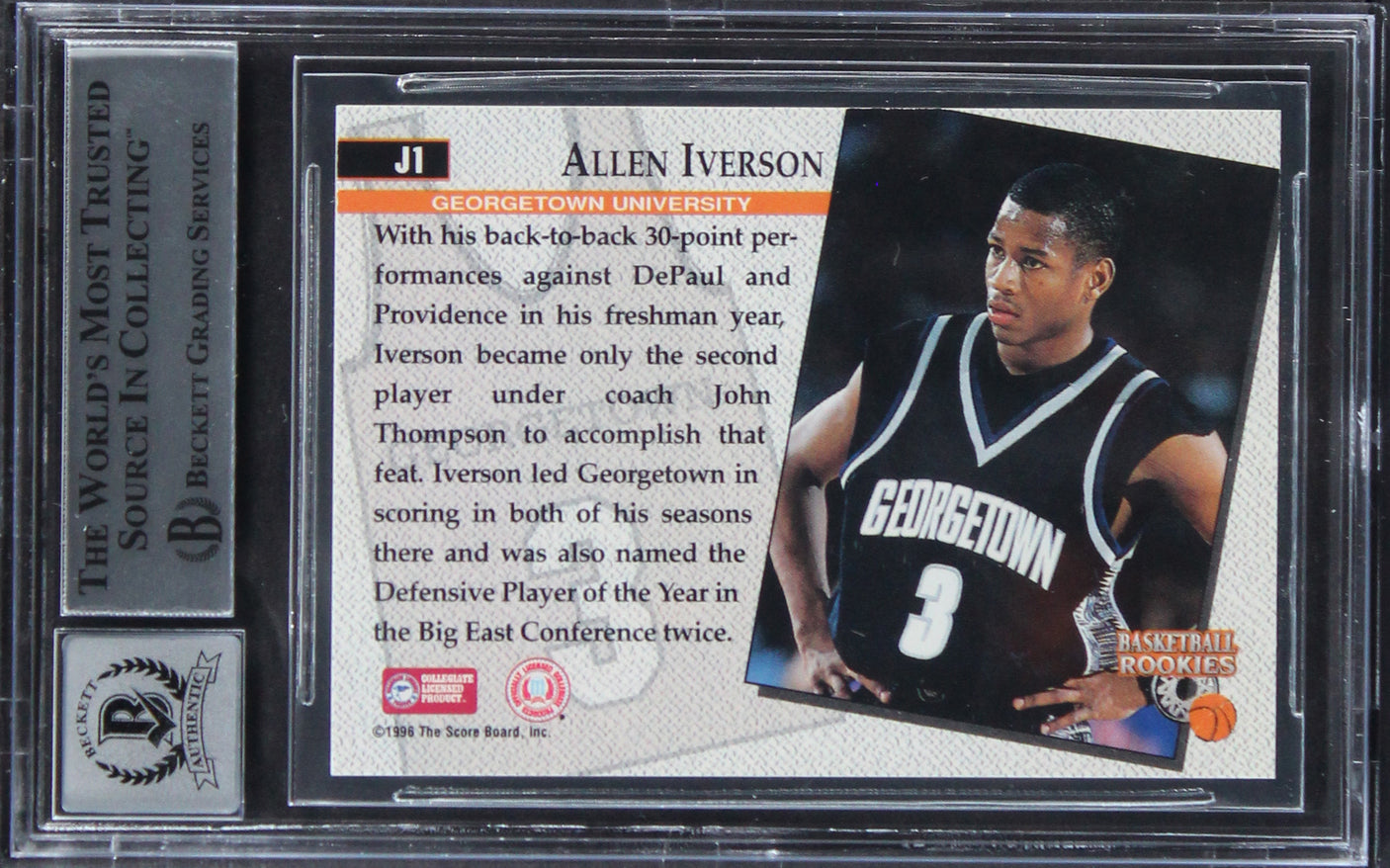 Allen Iverson Signed 1996 Score Boards Rookies #J1 RC Auto 10! BAS Slabbed