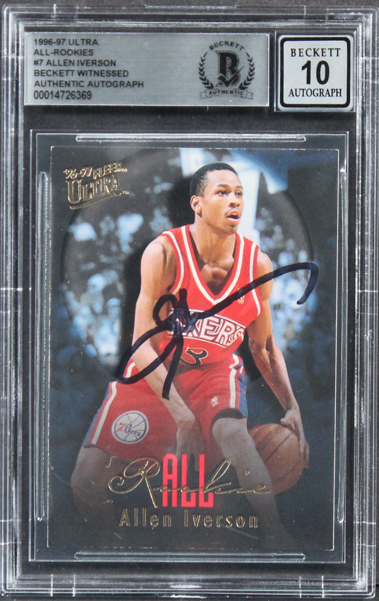 Allen Iverson Signed 1996 Ultra All Rookies #7 Rookie Card Auto 10! BAS Slabbed