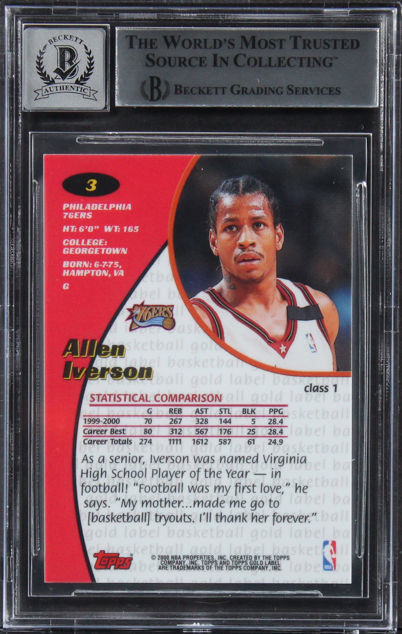 76ers Allen Iverson Signed 2000 Topps Gold Label #3 Card Auto 10! BAS Slabbed