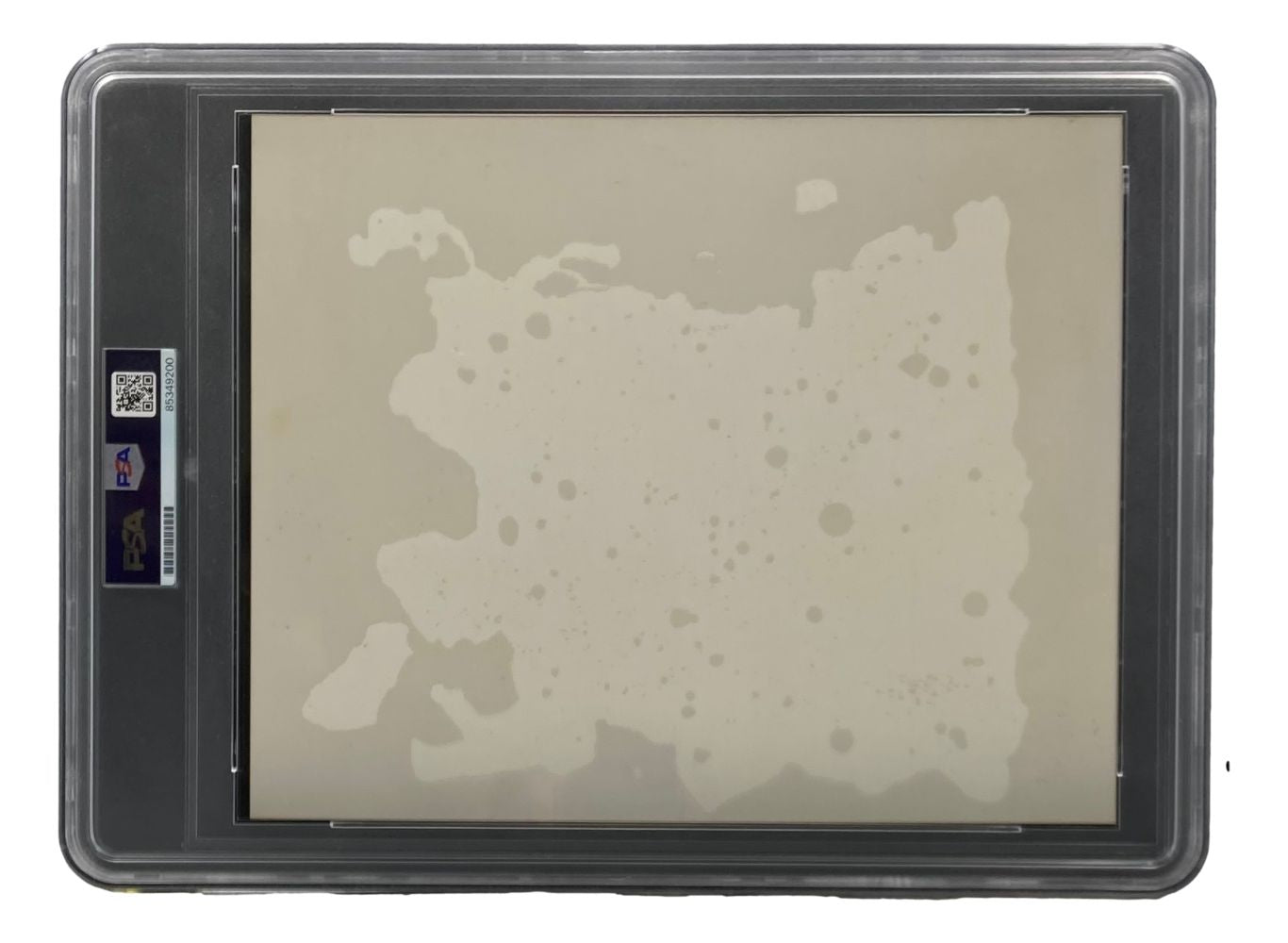 The Sports Integrity Ted Williams Stan Musial Signed Slabbed 8x10 Photo is encased in a clear PSA case with Mint 9 certification, visible labels on the side, and a mostly blank surface with minor stains or irregular marks.