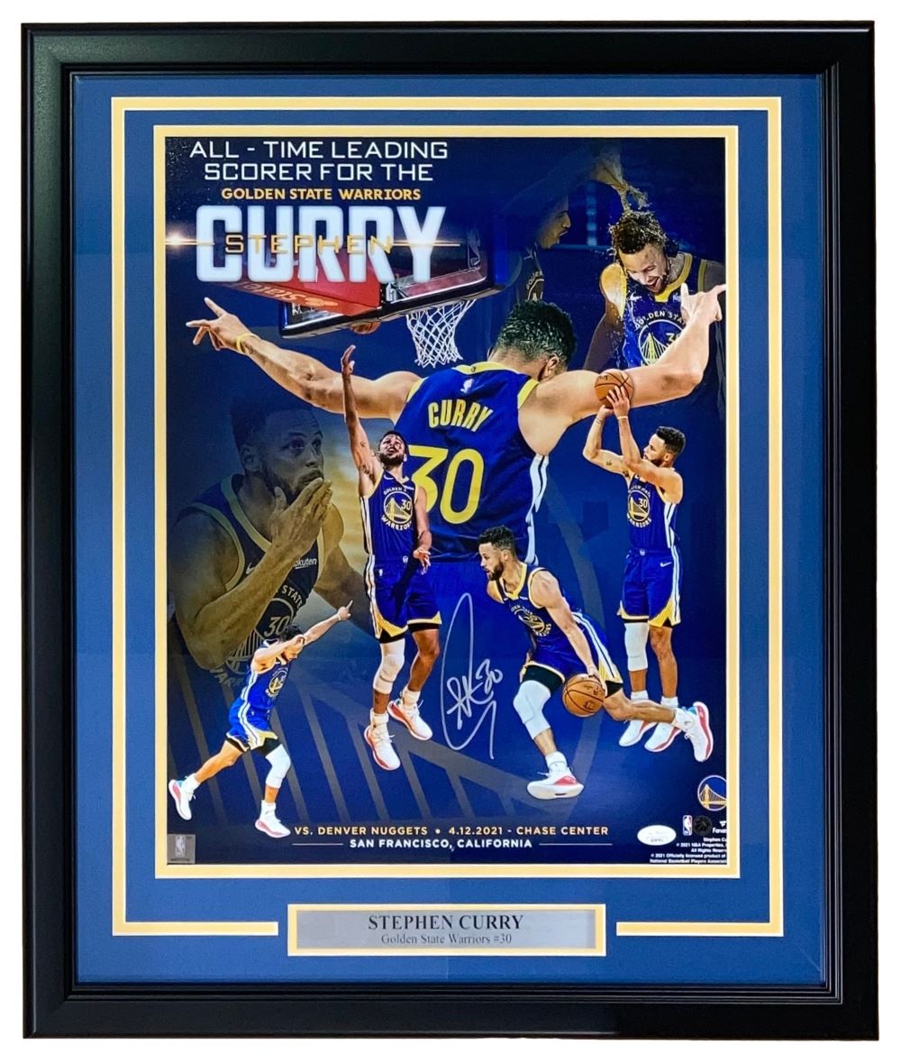 The Sports Integrity Stephen Curry Signed Framed 16x20 Golden State Warriors Scoring Leader Photo JSA features Curry in multiple poses, his #30 jersey, printed signature, and commemorates him as the Warriors' all-time scoring leader.
