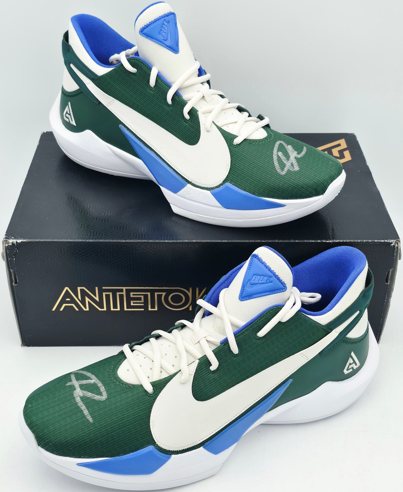 Giannis Antetokounmpo Autographed 2021 Player Exclusive (PE) Promo Fir, Phantom & White Nike Zoom Freak 2 MSCO Shoes Milwaukee Bucks Size 17 Beckett BAS Witness Stock #252595