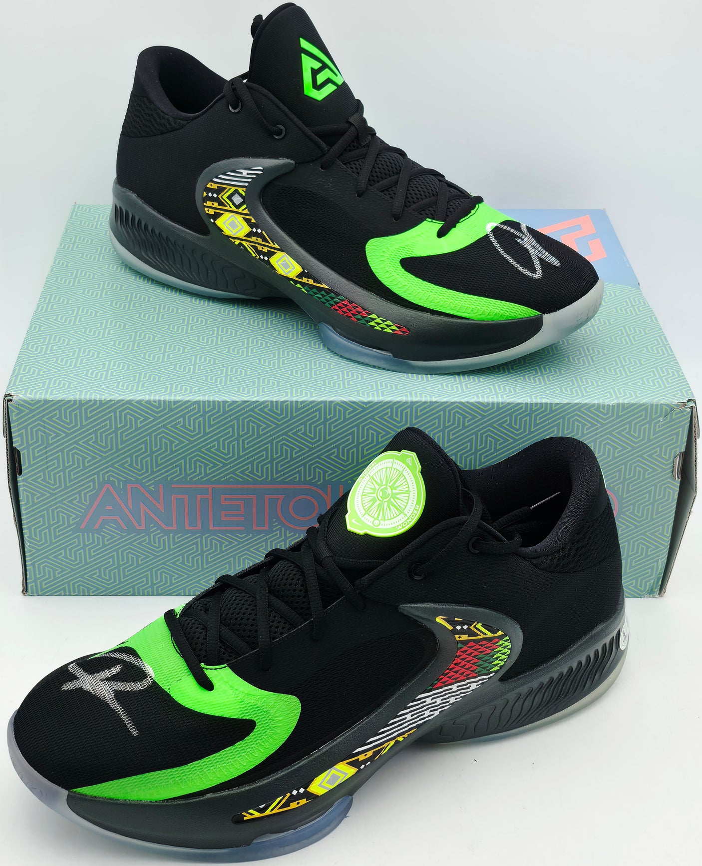 Giannis Antetokounmpo Autographed 2022 Player Exclusive (PE) Promo Black, Multi & Color Nike Zoom Freak 4 Royale Shoes Milwaukee Bucks Size 17 Beckett BAS Witness Stock #252724