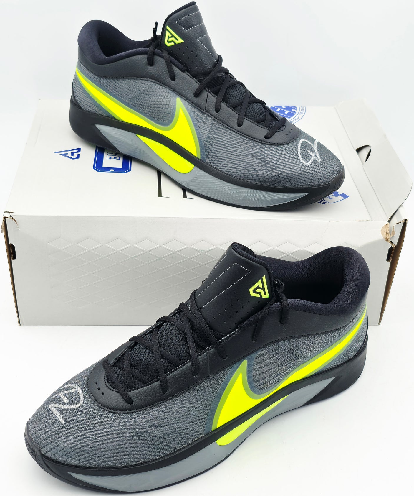 Giannis Antetokounmpo Autographed 2024 Player Exclusive (PE) Promo Black, Volt & Cool Grey Nike Zoom Freak 6 Shoes Milwaukee Bucks Size 17 Beckett BAS Witness Stock #252733