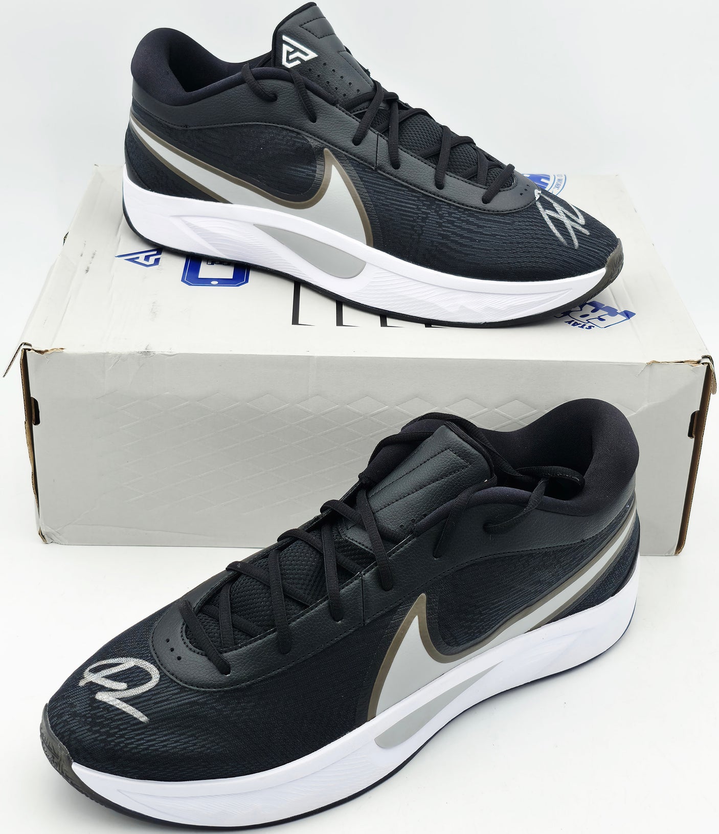 Giannis Antetokounmpo Autographed 2024 Player Exclusive (PE) Promo Black, Flat Silver & White Nike Zoom Freak 6 Shoes Milwaukee Bucks Size 17 Beckett BAS Witness Stock #252735