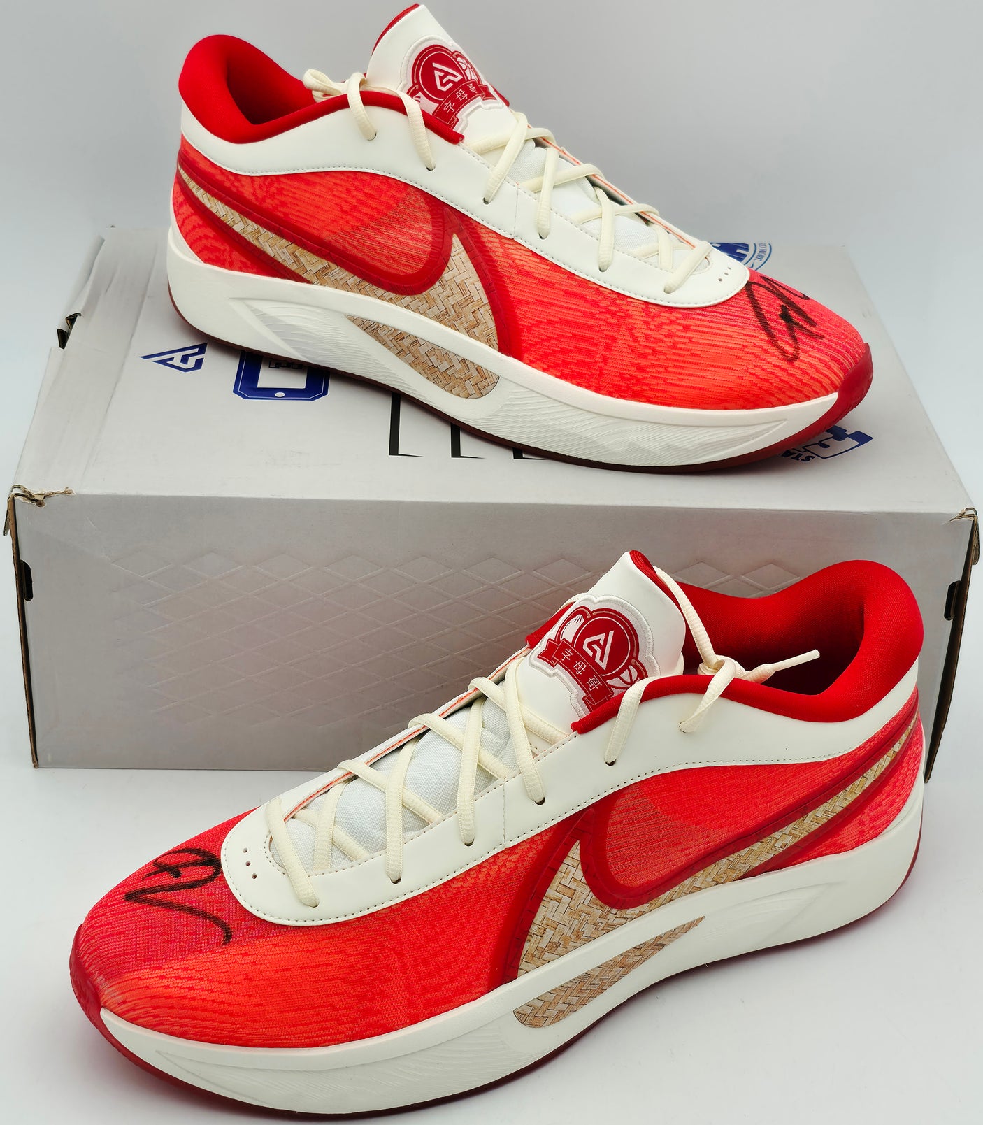 Giannis Antetokounmpo Autographed 2024 Player Exclusive (PE) Promo Sl, University Red & Bright Nike Zoom Freak 6 EP Shoes Milwaukee Bucks Size 17 Beckett BAS Witness Stock #252737