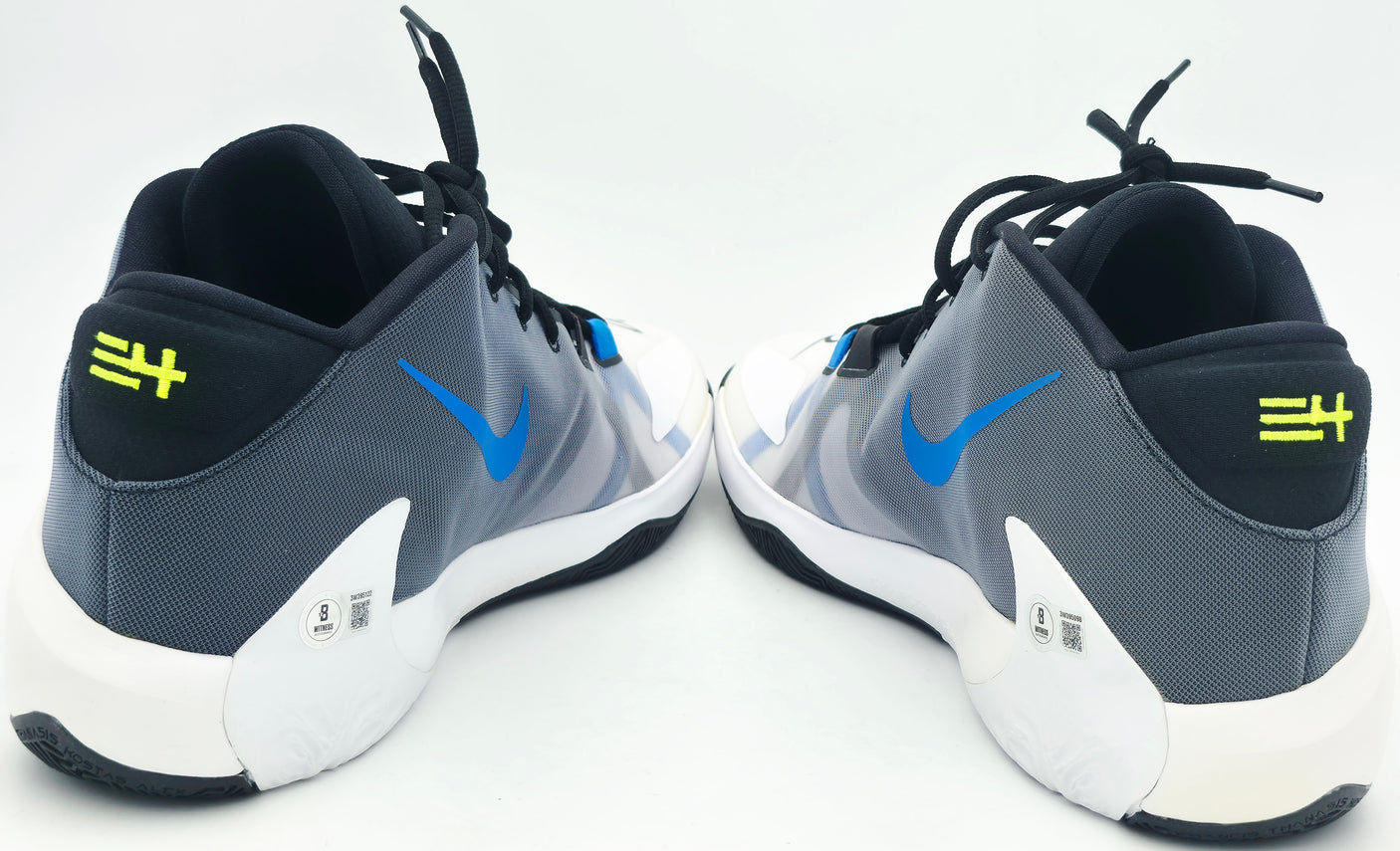 Giannis Antetokounmpo Autographed 2019 Player Exclusive (PE) Promo White, Metallic Silver & Fir Nike Zoom Freak 1 Shoes Milwaukee Bucks Size 17 Beckett BAS Witness Stock #252757