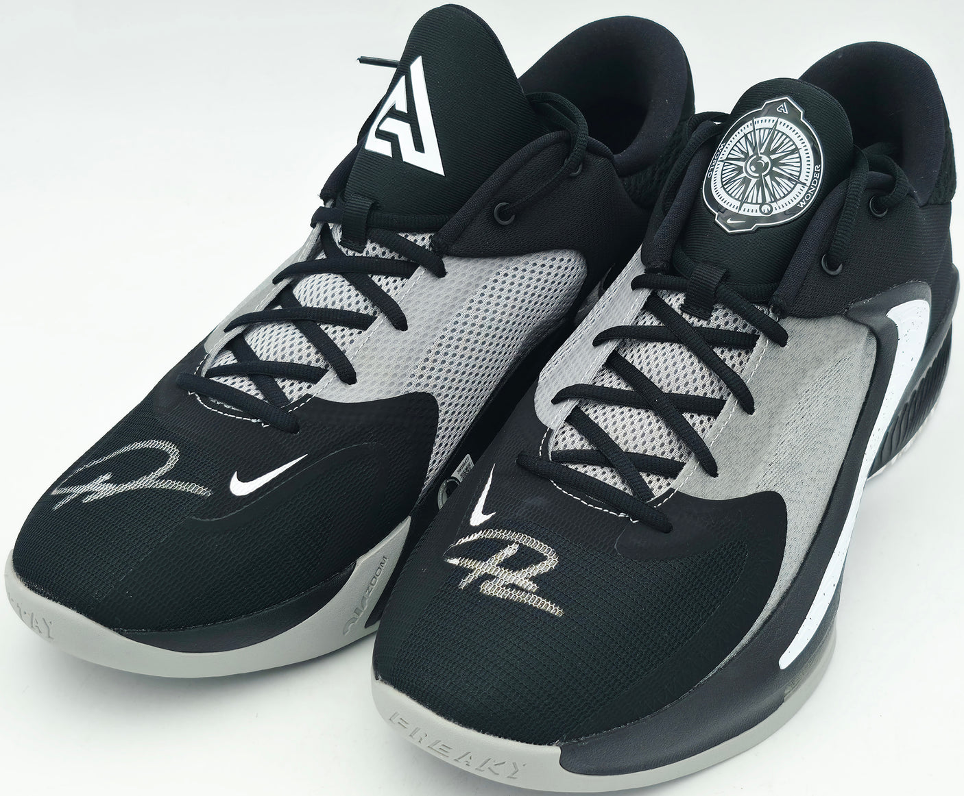 Giannis Antetokounmpo Autographed Black, Grey & White Nike Zoom Freak 4 Shoes Milwaukee Bucks Size 16 (No Box) Beckett BAS Witness Stock #252766