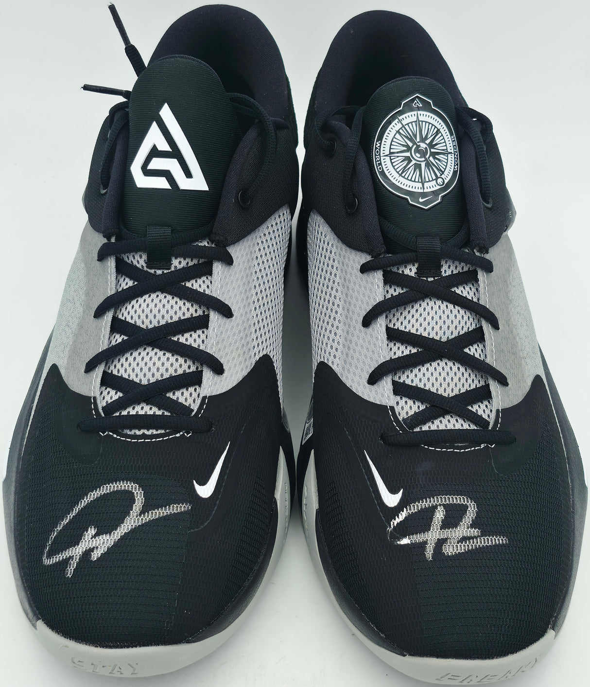 Giannis Antetokounmpo Autographed 2021 Player Exclusive (PE) Promo Baylor Gold Nike Zoom Freak 3 NCAA Shoes Size 17 (With Box) Beckett BAS Witness #3W396622 & #3W396623