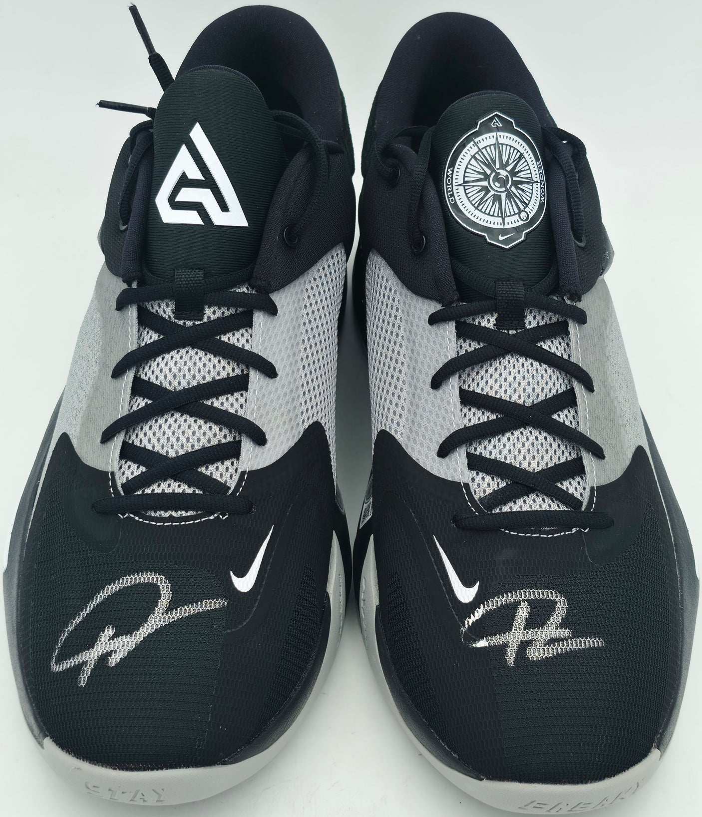 Giannis Antetokounmpo Autographed Black, Grey & White Nike Zoom Freak 4 Shoes Milwaukee Bucks Size 16 (No Box) Beckett BAS Witness Stock #252766