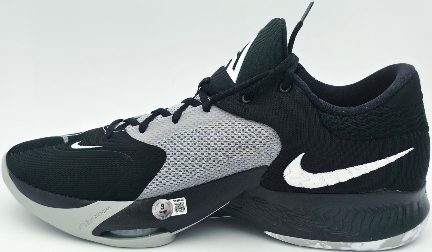 Giannis Antetokounmpo Autographed Black, Grey & White Nike Zoom Freak 4 Shoes Milwaukee Bucks Size 16 (No Box) Beckett BAS Witness Stock #252766