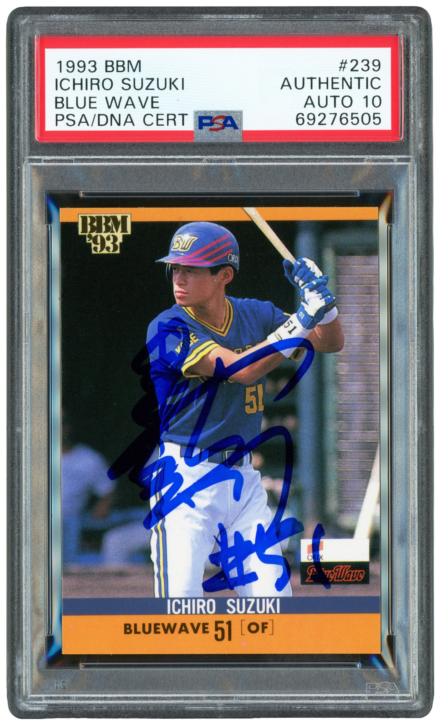 Ichiro Suzuki Autographed 1993 BBM Rookie Card #239 Orix Blue Wave Auto Grade Gem Mint 10 "#51" (Signed in Kanji) PSA/DNA Stock #253241