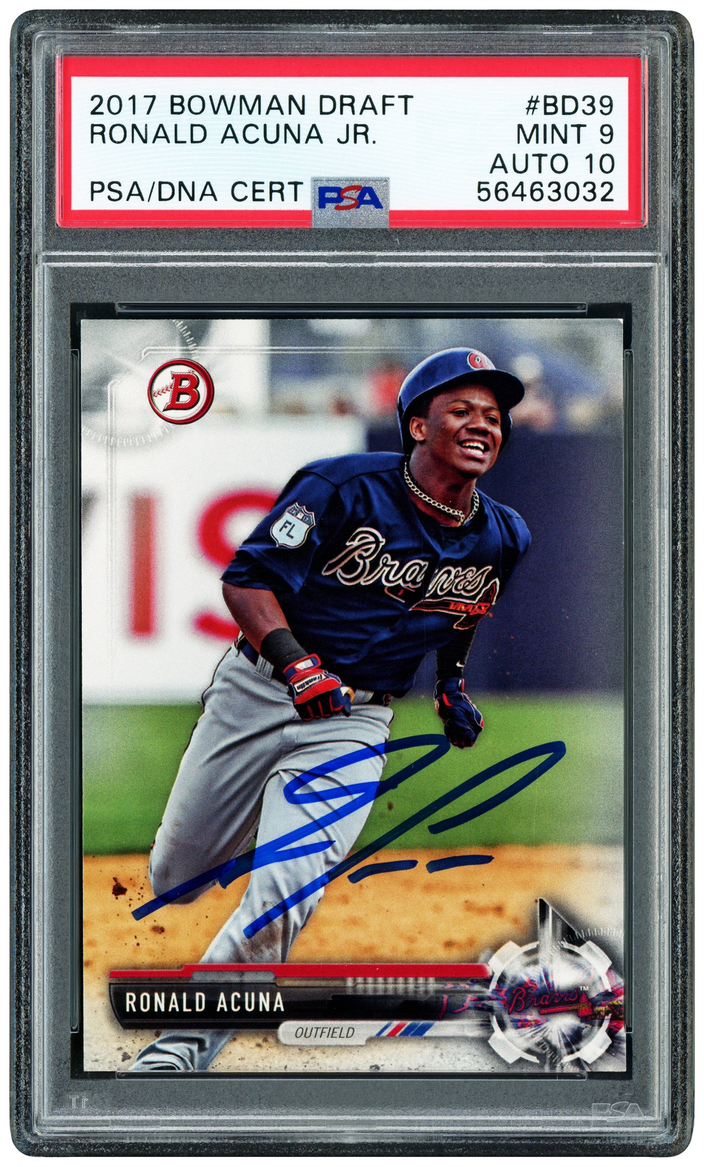 Ronald Acuna Jr. Autographed 2017 Bowman Draft Rookie Card #BD39 Atlanta Braves PSA 9 Auto Grade Gem Mint 10 PSA/DNA Stock #253242