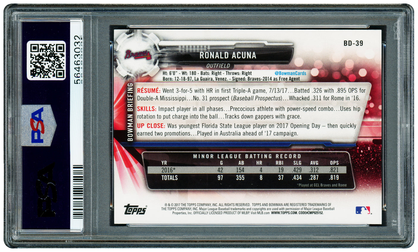 Ronald Acuna Jr. Autographed 2017 Bowman Draft Rookie Card #BD39 Atlanta Braves PSA 9 Auto Grade Gem Mint 10 PSA/DNA Stock #253242
