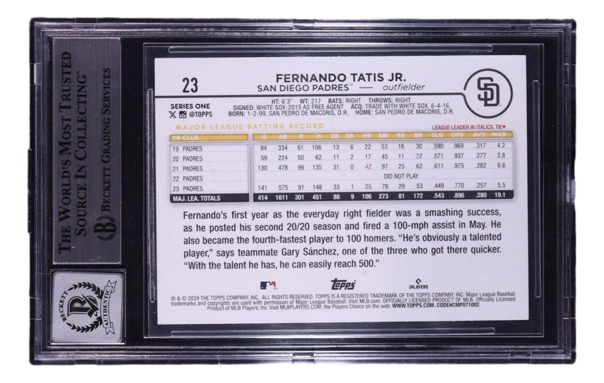 Fernando Tatis Jr Signed 2024 Topps #23 Padres Trading Card BAS Auto 10