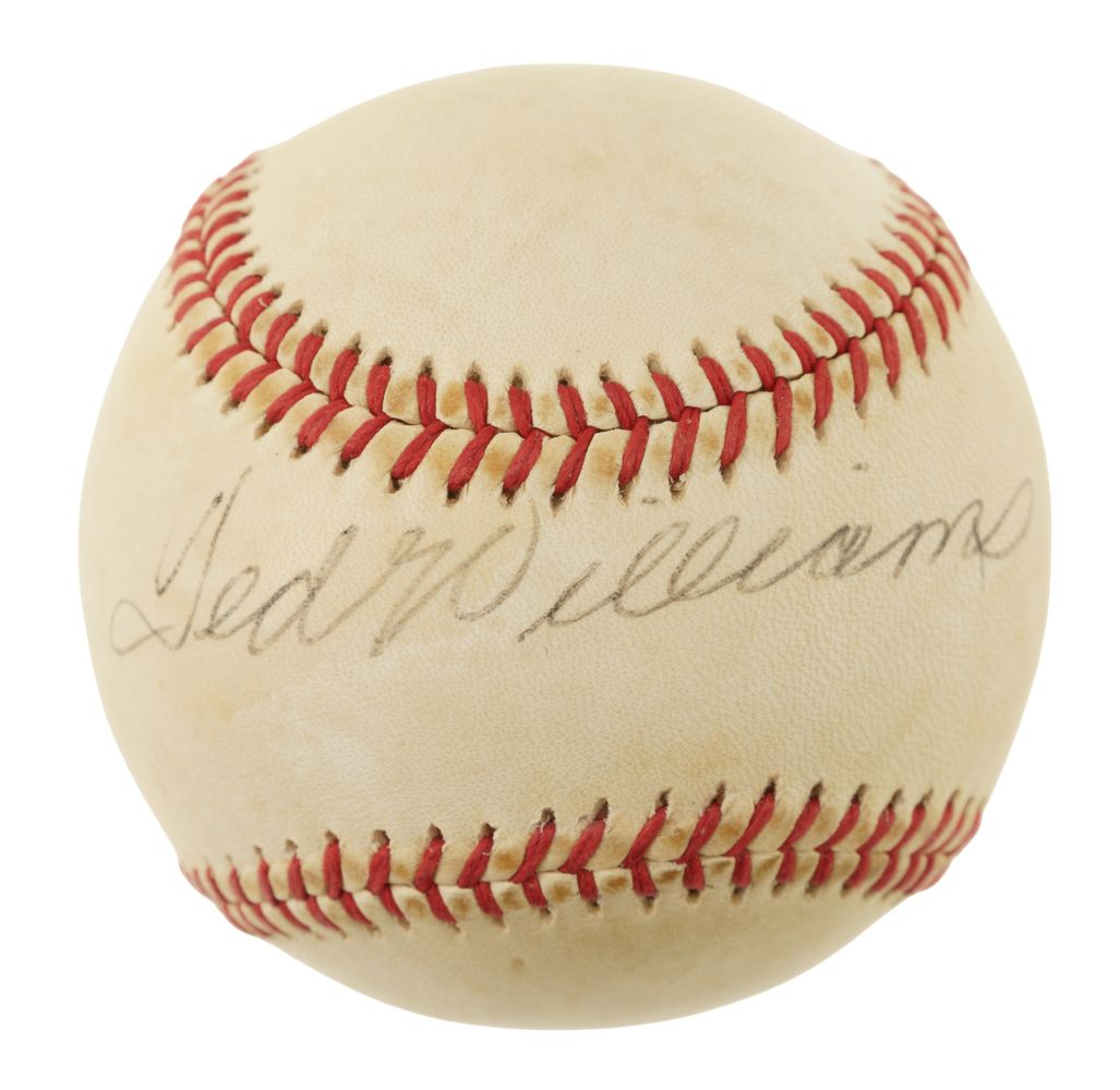 The Sports Integrity Ted Williams Red Sox Signed Official American League Baseball (JSA ZZ44591) features red stitching and Ted Williams’ cursive black ink signature.