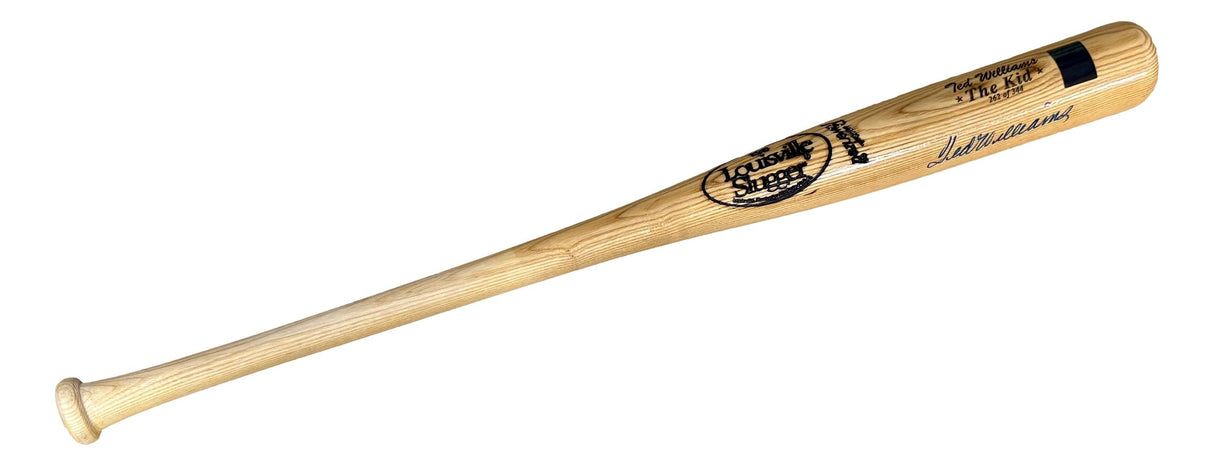 A Sports Integrity Ted Williams Boston Red Sox Signed LS The Kid Bat LE/344 with a black signature near the barrel, displayed on a white background.