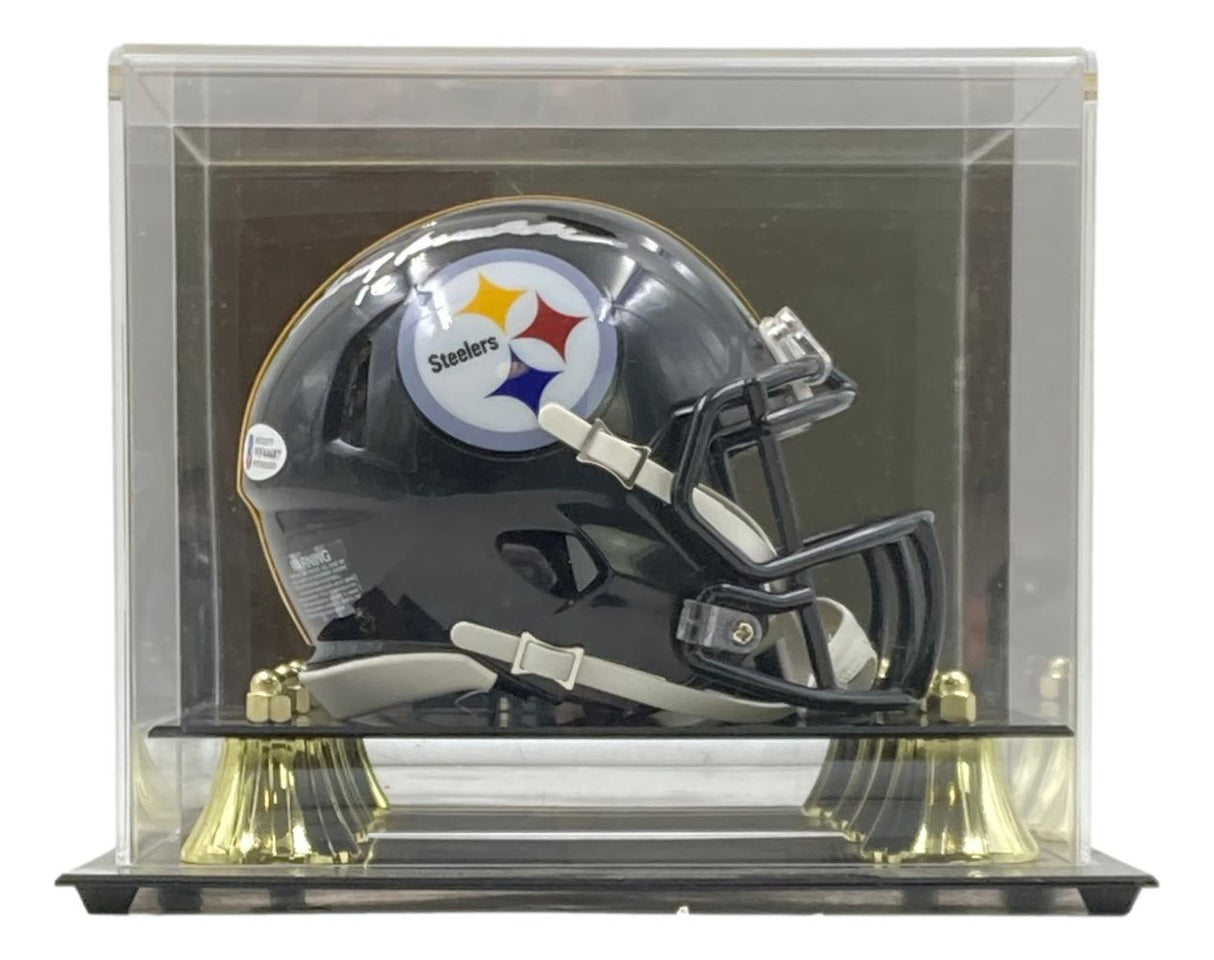 The Sports Integrity Terry Bradshaw Signed Pittsburgh Steelers Mini Speed Helmet is displayed in a clear case with a black base and gold accents, featuring the Steelers logo on the side.