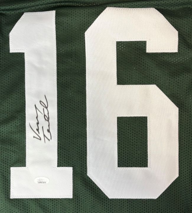Sports Integrity Vinny Testaverde New York signed green mesh football jersey features a large white number 16 with a black autograph on the left side of the 1 and a small JSA authentication sticker at the bottom left of the number.