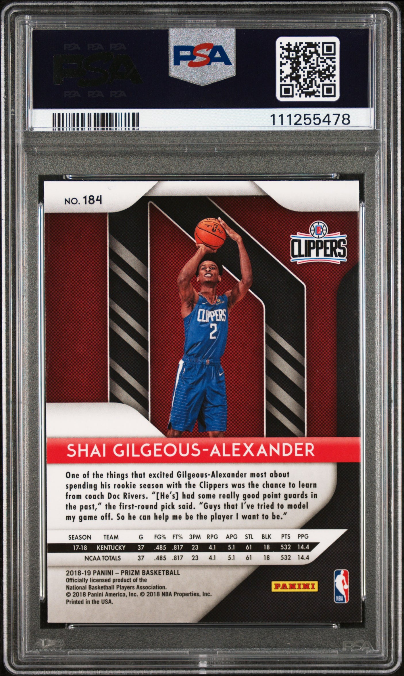 Thunder Shai Gilgeous-Alexander Signed 2018 Panini Prizm #184 RC Card PSA Slab