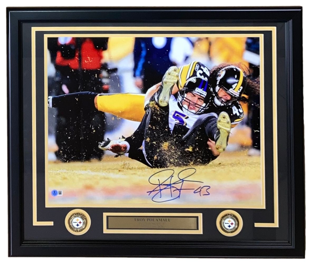 The Sports Integrity Troy Polamalu Signed Framed 16x20 Steelers Sack vs Ravens Photo features two Steelers logos and a nameplate with his name, showcasing a game moment against the Ravens.