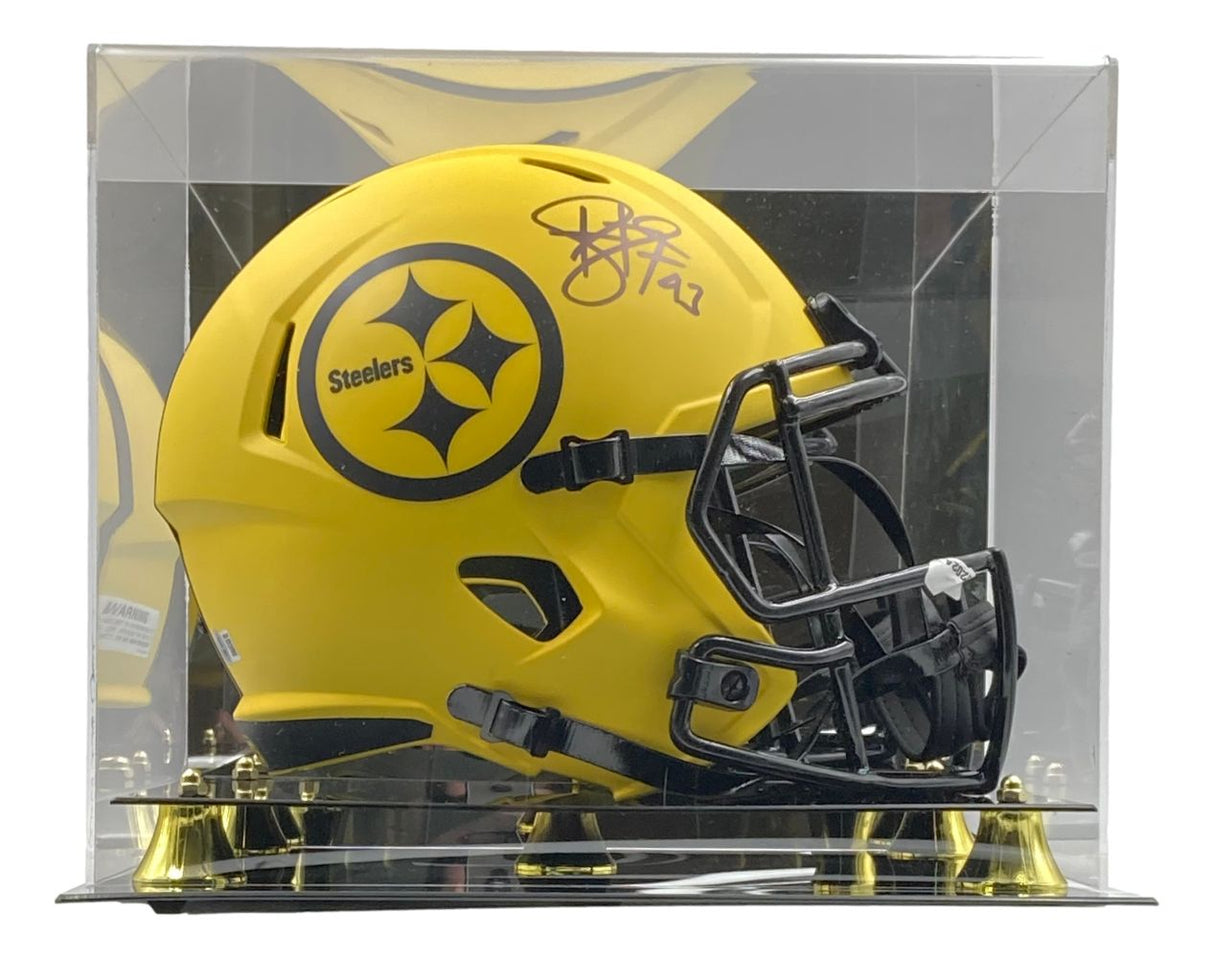 The Sports Integrity Troy Polamalu Signed Steelers Full Size Rave Speed Replica Helmet BAS comes in a clear display case with mirrored back and gold holders, featuring the team's yellow helmet with black faceguard and logo.