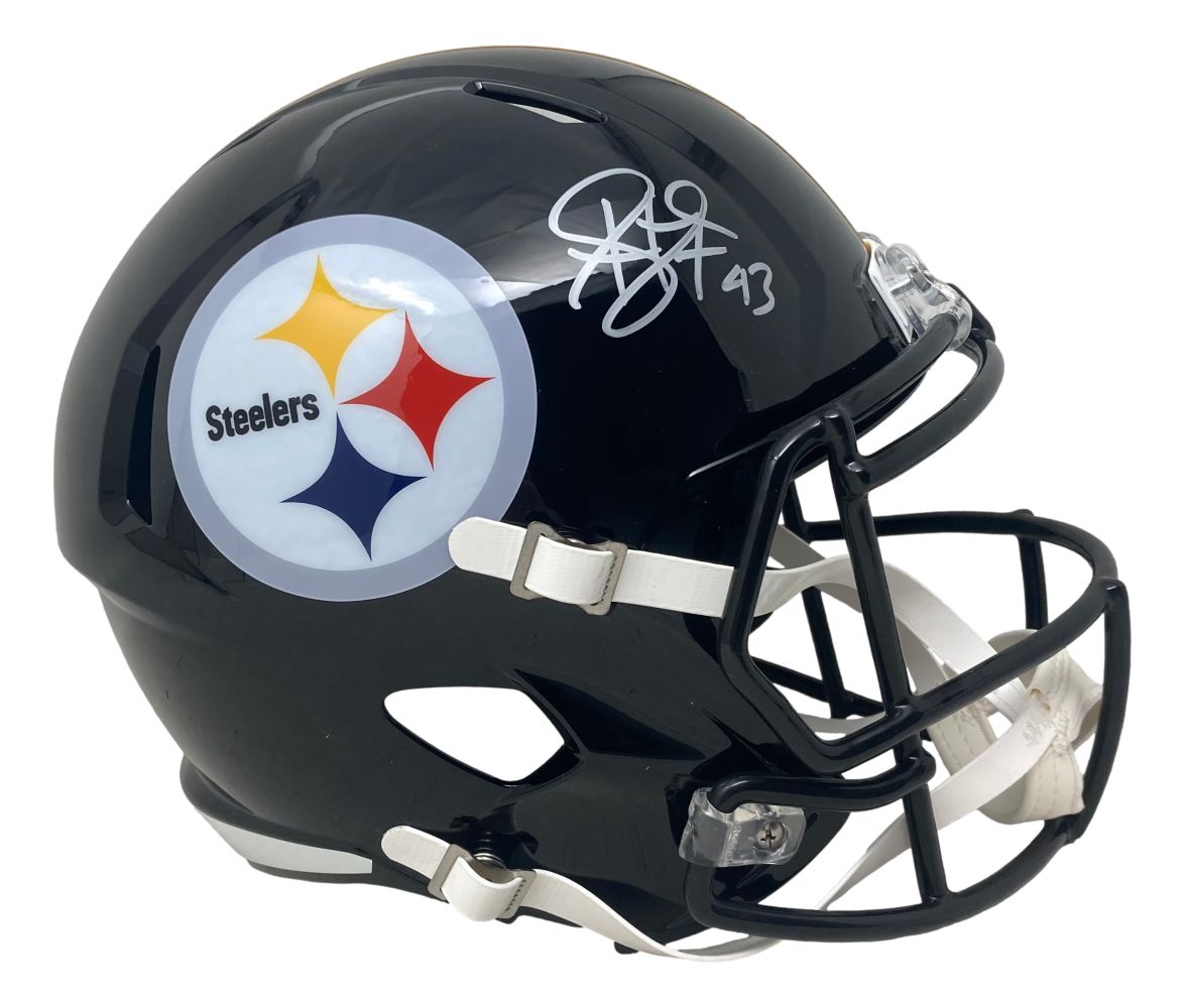 The Sports Integrity Troy Polamalu Signed Pittsburgh Steelers Full Size Speed Replica Helmet features a black shell with the team logo and Polamalu’s white signature with #43 on the front, authenticated by BAS ITP.